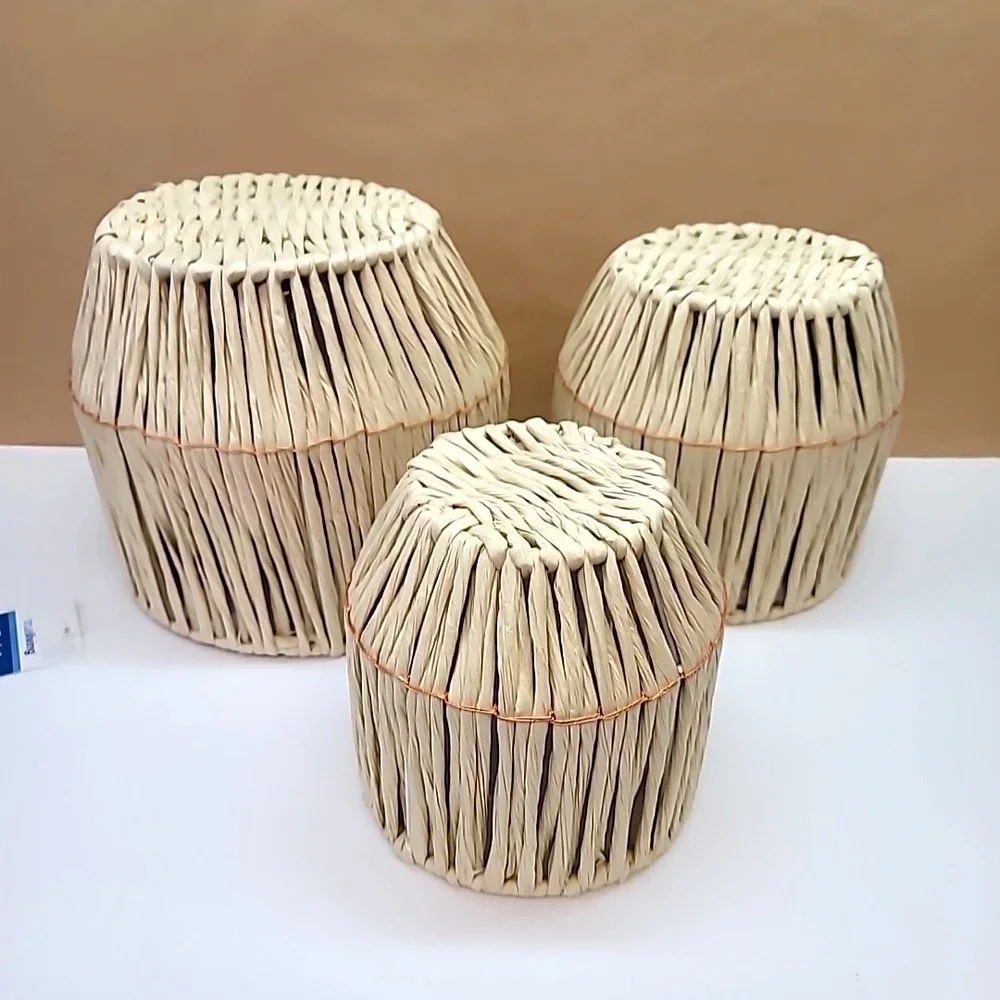 Set Of 3 Plastic Lined Natural Color Raffia Planter Baskets-6